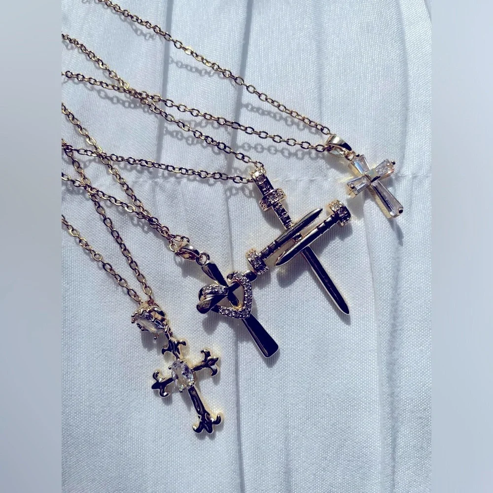 Gold-Plated Nailed Cross Pendant Necklace